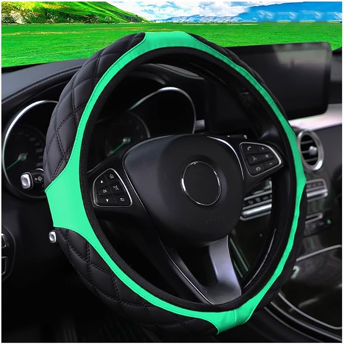 15 Inch Car Leather Steering Wheel Cover, Automotive Accessories Elastic Breathable Anti-Slip Soft Wheel Protector Fits Men and Women, Suitable for SUVs, Trucks, Vehicles and RVs (Green)