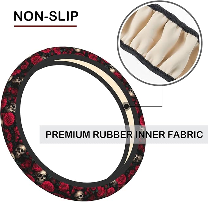 Red Rose Skull Steering Wheel Cover, Non-Slip Breathable Neoprene Steering Wheel Covers, Car Accessories Universal 15 Inch Fit Auto, Suvs, Truck