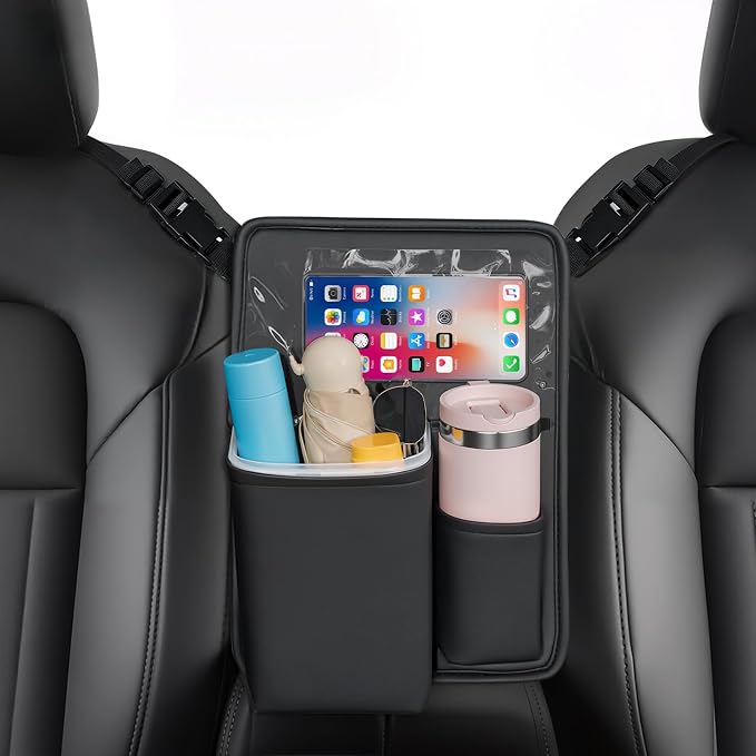 Car Organizer Storage Between Seats, Premium Leather Car Mesh Organizer with Waterproof Cup Holder, Car Hanging Storage Bag Pocket Between Seats