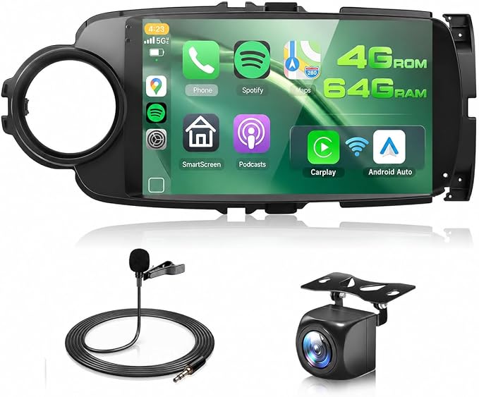4G+64G Android Stereo for Toyota Yaris 2012-2017 9 Inch IPS Touch Screen Head Unit with Wireless Carplay Android Auto GPS WiFi DSP Bluetooth FM RDS Backup Camera