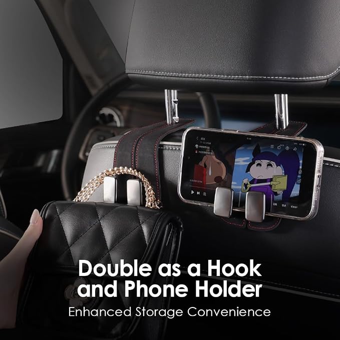 KINIVA Car Seat Headrest Storage Hooks, Set of 2, Suede PU Leather, Double Hooks (Black)