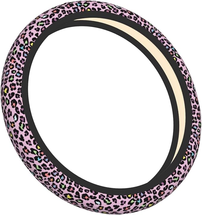 Pink Leopard Print Neoprene Steering Wheel Cover for Men Women Anti-Slip Elastic Steering Wheel Protective Cover 15in Universal Car Accessories Fit Cars, SUVs, Auto