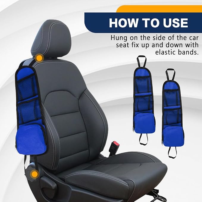 2PS Car Seat Side Organizer, Auto Seat Storage Hanging Bag, Multifunctional Vehicle Mesh Pocket Hold, Car Accessories Can Hold Phone, Wallet, Glasses for Most Cars