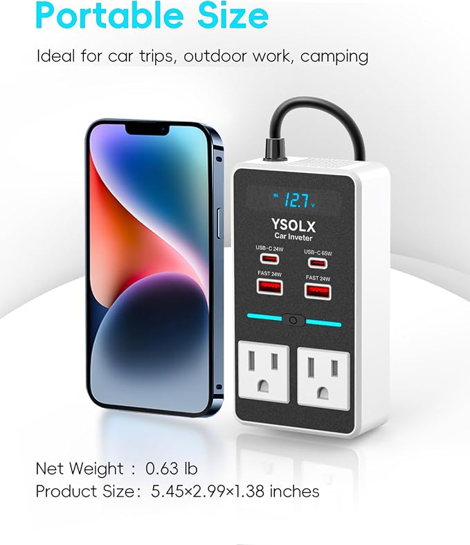 300W 12V to 110V Car Power Inverter, with Dual USB-A 24W and USB-C 65W, Dual AC Car Plug Adapter Outlet and Equipped with a Display Screen.Suitable for car Trips, Camping,Charging laptops