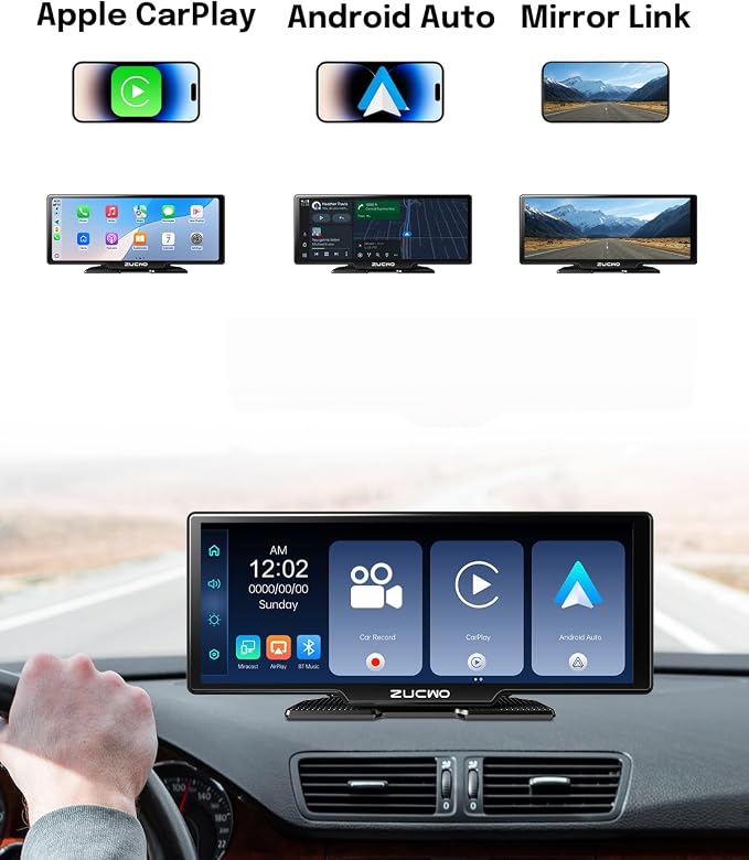 10.26 Inch Wireless CarPlay Screen for Car, Apple CarPlay & Android Auto Touch Screen with Rear Camera, BT Music, Navigation, Voice Control for Vehicles