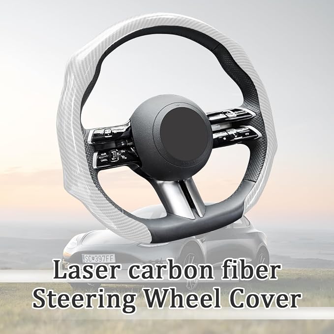 Car Steering Wheel Cover with Comfort Grip, 14.5-15" Carbon Fiber Laser Non-Slip Steering Wheel Protector, Cool Stylish Auto Interior Decor Accessories, Universal for Van SUV Sedan (White)