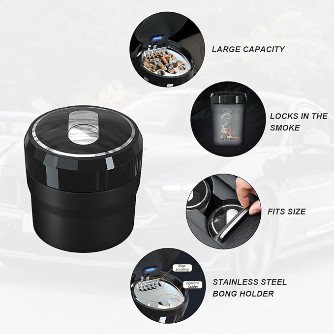 Car Ashtray with Lid, Easy Clean Up Detachable Smokeless Ashtray with LED Blue Light, Portable Mini Ash Tray Cup Holder for Car Home Office Travel, Interior Auto Accessories (Black, Small)