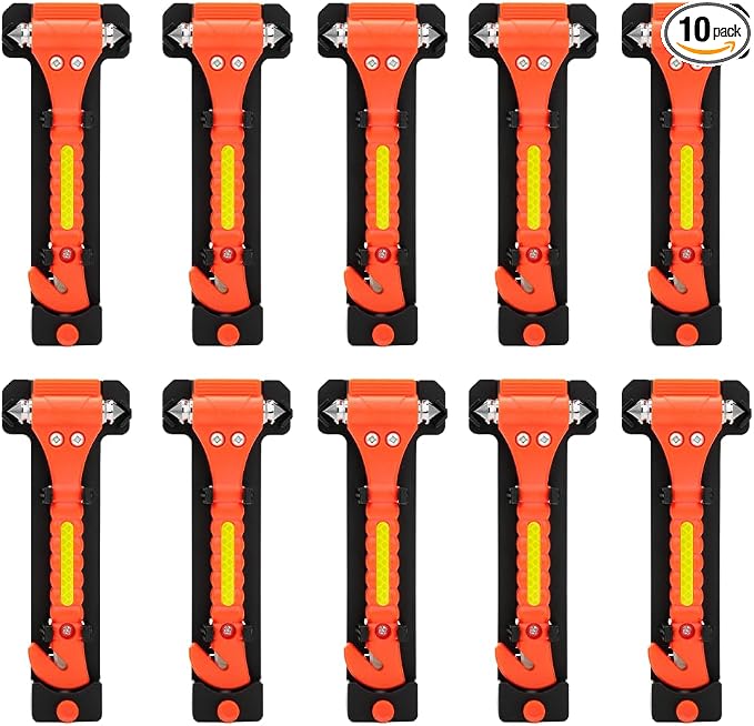 SINSEN Car Safety Hammer Set of 10 Emergency Escape Tool Auto Car Window Glass Hammer Breaker and Seat Belt Cutter Escape 2-in-1 for Family Rescue & Auto Emergency Escape Tools (Reflective Tape 10PCS)