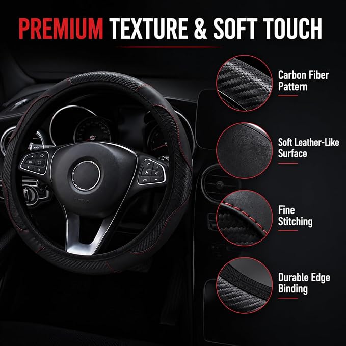 Car Steering Wheel Cover 15 inch, Microfiber PU Leather Elastic Steering Wheel Protector, Anti-Slip Breathable Car Interior Accessories for Most Cars (Black)