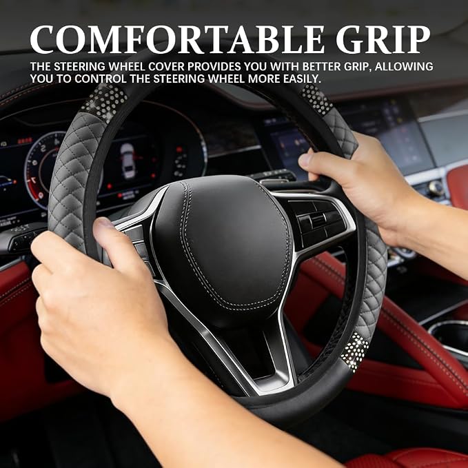Bling Soft Leather Steering Wheel Cover, Steering Wheel Protector, 15 Inch Rhinestones Car Elastic Protector with Crystal Diamond for Women Girls, Car Accessory for Vehicles (Grey)