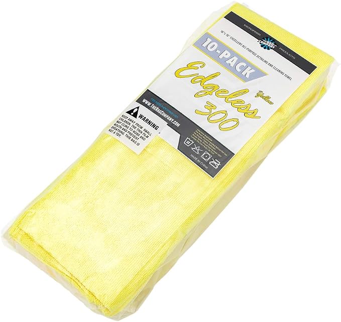 Edgeless 300 - Microfiber Detailing Towels, Perfect for Removing Polishes, Sealants, and Glaze; Great for Interior Cleaning and Dirty Jobs; 300GSM, 16in x 16in, Yellow (10-Pack)