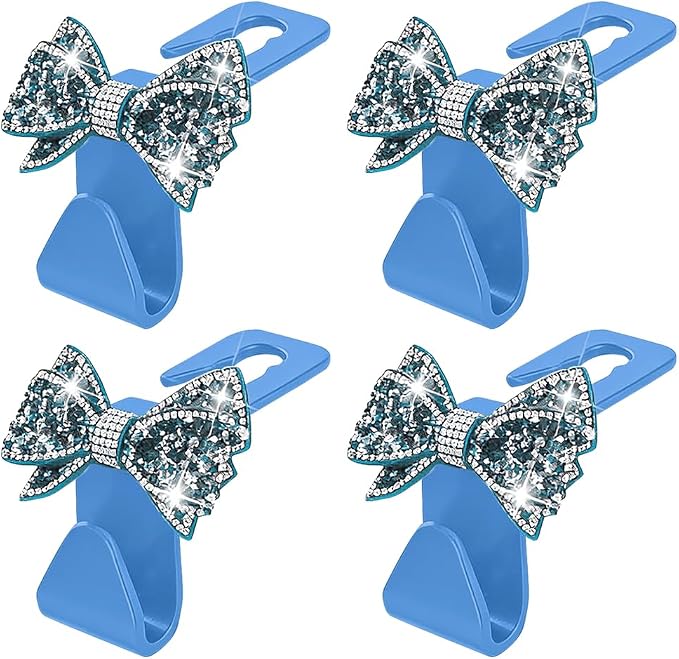 Zpana Bling Car Headreat Hook, 2PCS Crystal Rhinestone Cute Bow Vehicle Seat Back Hanger Storage for Purses Bags Grocery, Diamond Auto Rear Seat Organizer, Universal for SUV Truck Sedan (Light Blue)