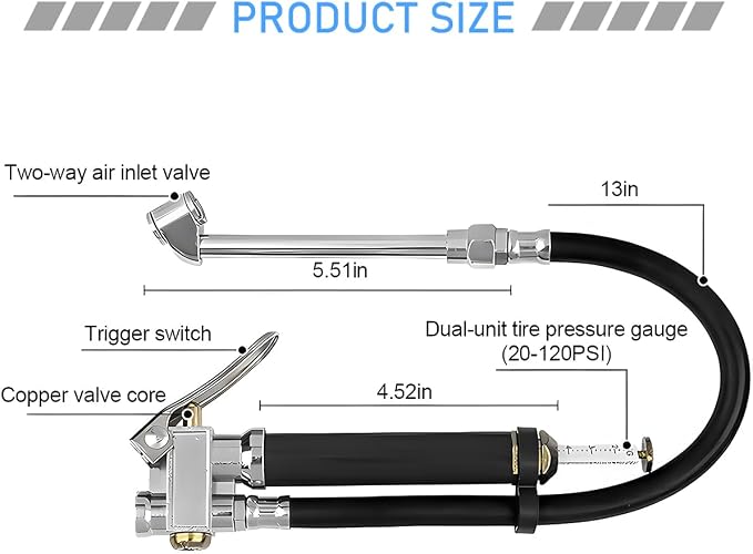 Heavy Duty Bayonet Style Tire Inflator with Air Chuck, 0-200PSI 17PCS Auto Tire Pressure Gauge with 4 Way Tool & Valve Core, Air Compressor Accessories, Universal for Sedan Truck SUV (Black)