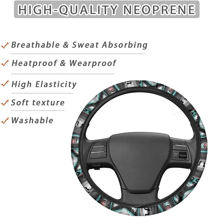 Car Steering Wheel Cover, 15 Inch Soft Breathable Steering Wheel Protector for Women Men, Universal Fit for SUV Sedan Van Truck, Aztec Geometric Horse Gray Teal