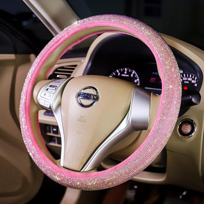 Car Steering Wheel Cover Pink for Women Girls Cute Bling Accessories 15 Inch Universal Colorful Crystal Rhinestone Diamond Rainbow Anti-Slip Wheel Protector