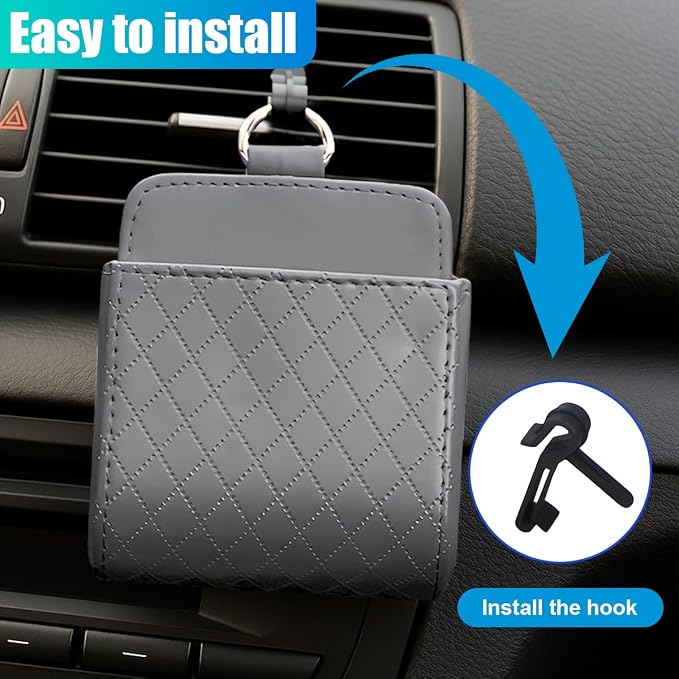 YoRise Car Air Vent Storage Bag, PU Leather Auto Hanging Storage Pouch with Hook, Portable Car Console Organizer, Vehicle Dashboard Organizer Accessories for Key, Cell Phone, Coin, Sunglasses (Gray)