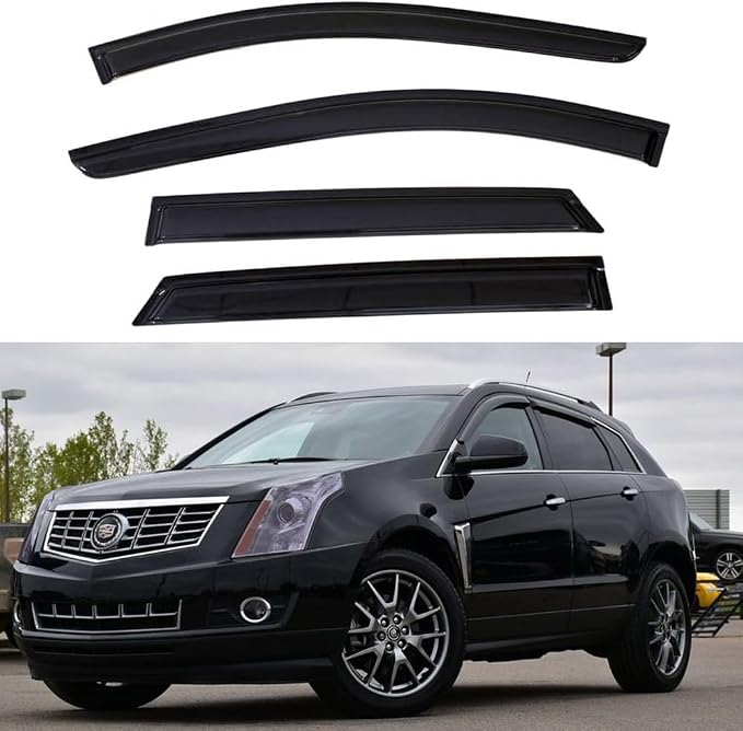 Original 4pcs Vent Window Wind Deflector Compatible with 2010-2016 Cadillac SRX, Out-Channel Dark Smoke Sun Snow Rain Guard Shades, Sunproof Tape on Side Window Visor CL4P01