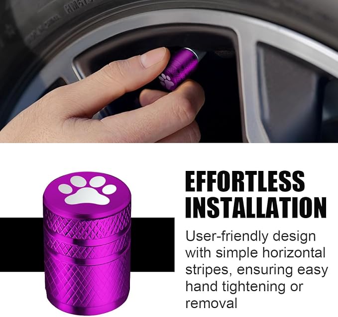 Tire Valve Stem Caps - (5 Pack) Metal Air Caps with Plastic Liner, Corrosion Resistant, Leak-Proof, Dog Cat Paw Universal Stem Covers for Cars Trucks Motorcycles and Bikes - Purple