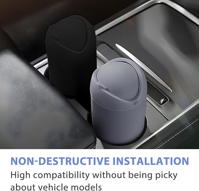 Car Trash Can with Lid, Silicone Leakproof Mini Round Vehicle Garbage Bin for Cup Holder, Portable Automotive Interior Waste Storage & Organizers Accessories, Universal Fit (Black)