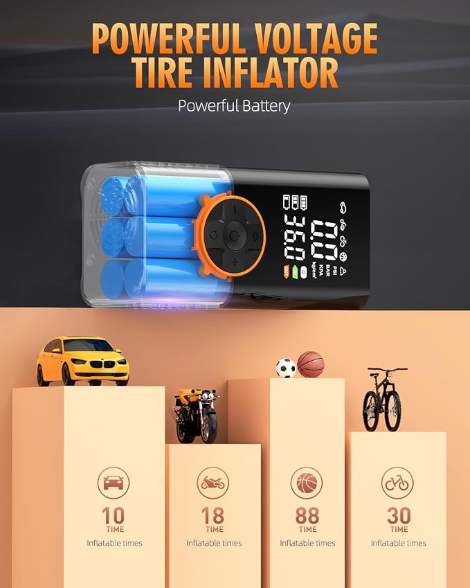 Tire Inflator Portable Air Compressor, Cordless Tire Pump with LED Super Bright Light for Car, Bicycle, Motorcycle