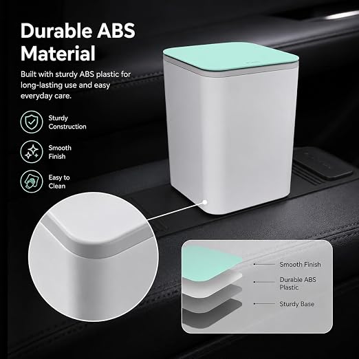 Mini Car Trash Can with Press Lid, Leakproof One-Piece Design, ABS Plastic Garbage Bin with Stainless Steel Spring for Auto Interior (White)
