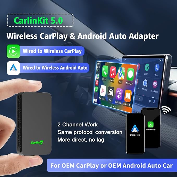 5.0 Android Auto & Wireless CarPlay Adapter,Plug & Plug, Two Channel Connection, Online Update,for Cars with OEM Android Auto & Wired CarPlay (2016-2026), 10s Auto-Connect