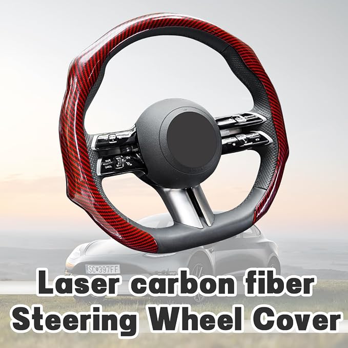 Zpana Carbon Fiber Car Steering Wheel Cover, Leather Non-Slip Vehicle Steering Wheel Cover for 14.5-15 Inch, Comfortable Auto Interior Protector Decoration Accessories, Universal Fit(Red)