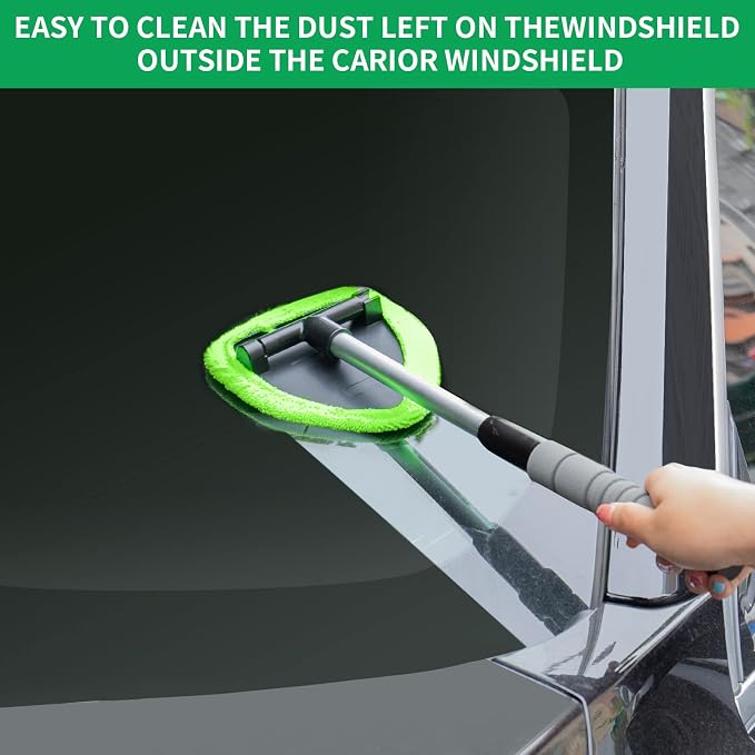 XINDELL Windshield Cleaning Combo – Upgrade Large-Head Car Window Cleaner Tool with Extendable Handle & 4 Pads + 5-Pack Replacement Microfiber Triangular Covers for Interior/Exterior Auto Glass, Strea