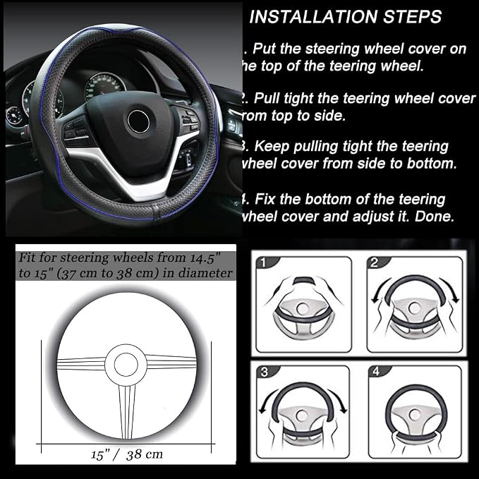 Microfiber Leather Steering Wheel Cover Anti-Slip Matte Finish Auto Car Wheel Cover Universal 15 Inch Wheel Cover for Car Embossing Pattern Blue Line