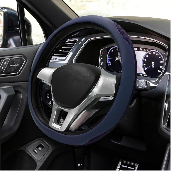 Car Steering Wheel Cover, Leather Breathable Ice Silk Auto Wheel Wrap with Anti-Slip Lining, Scratch-Resistant Elastic Protector Fit for 14.5-15 Inch Steering Wheels (Blue)