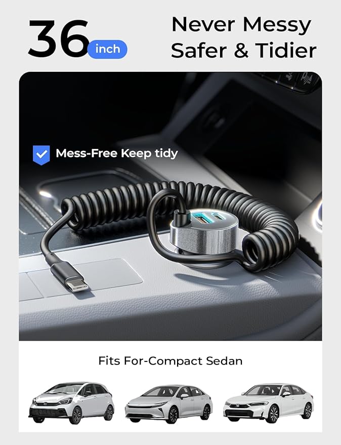 Car Charger with 45W Built-in USB-C 36 inch Coiled Cable, 90W Multi-Port Fast Charging Cigarette Lighter Adapter for iPhone 17/16/15 Pro Max, Samsung Galaxy S26 Ultra, Black | Car Charger USB C Fast Charge Adapter,Super Fast for Men Women, Car Ac...