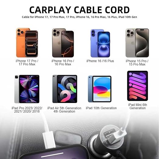 Carplay Cable Cord Compatible with iPhone 16 17 USB A to USB C Cable for 17E 16E 17 Air/17 16 15 Pro Max ，Plus, Pro 12.9/11, 10th Gen, Air 5th/ 4th,Mini 6th Charger Car Charging Cable White