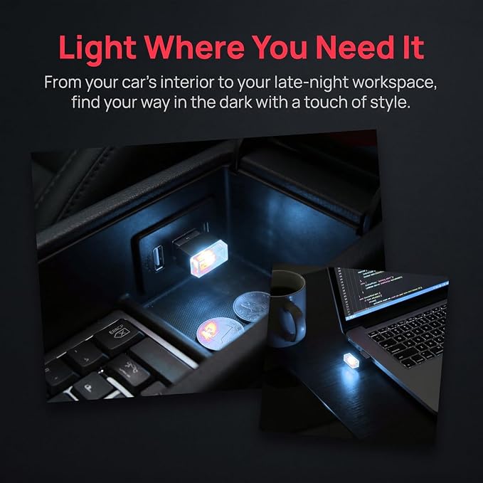 4PCS USB LED Car Interior Atmosphere Lamp, Portable Mini, Ice Blue | 5V USB-A plug-in, soft accent glow, no wiring, decor night light, car accessories for cars, SUVs, trucks