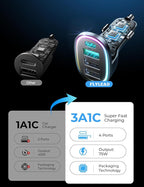 75W Car Charger USB C, 4 Port Super Fast Cigarette Lighter USB Charger, Type C 60W & QC 3.0 Multiport Car Phone Adapter Accessories for iPhone 17/16/15/14 Samsung S26 Series with 3.3ft 60W USB C Cable