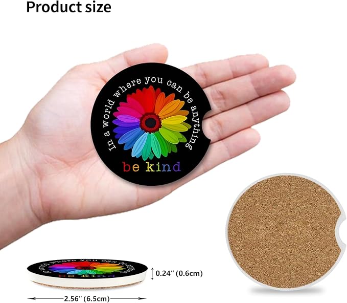 Absorbent Car Coasters 2 Pack for Cup Holders, 2.56" Ceramic Stone & Non-Scratch Cork Base Drink Coasters, Auto Accessories for Women & Men（Colorful Sunflower）