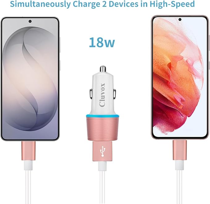 Fast USB Car Charger for Samsung Galaxy A56/A55/A54/A53/A50/A17/A16/A15/A14/S26/S25/S24/S23/S22 Plus/Ultra/Note 20/A21/A31/A51 Quick Charge 3.0 Dual USB Rapid Car Charger with Type C Cable 3.3ft-Pink