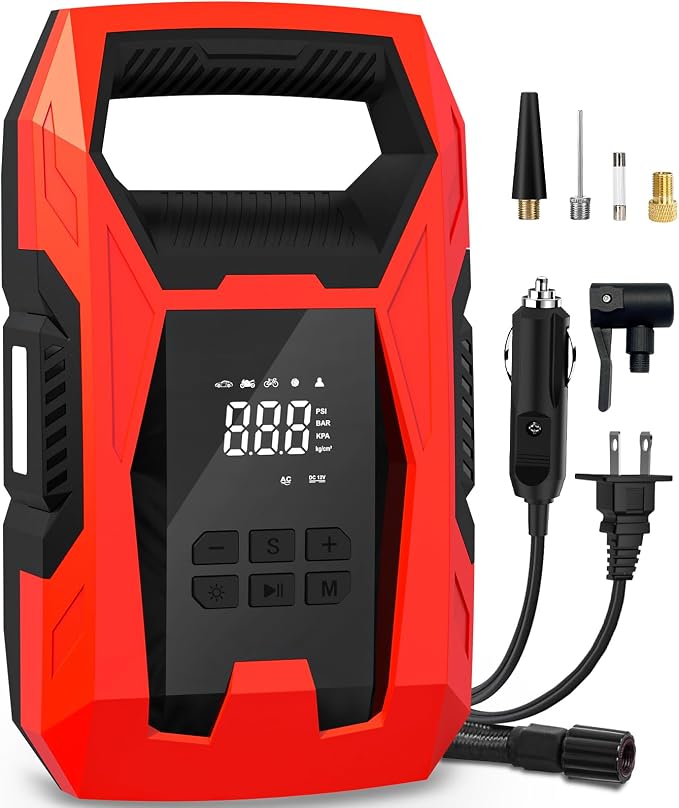 AC/DC Tire Inflator Portable Air Compressor, Dual Power for Home 110V AC and Car 12V DC Air Pump with Pressure Gauge, Auto Shutoff, Tire Pump for Car Motorcycle Bike and Other Inflatables, Red