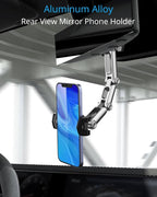 Rear View Mirror Phone Holder Mount for Car, Aluminum Multi-Directional metal arms and 360-degree Rotatable Retractable, Auto Essentials Accessories Compatible with iphone android phones (Silver)