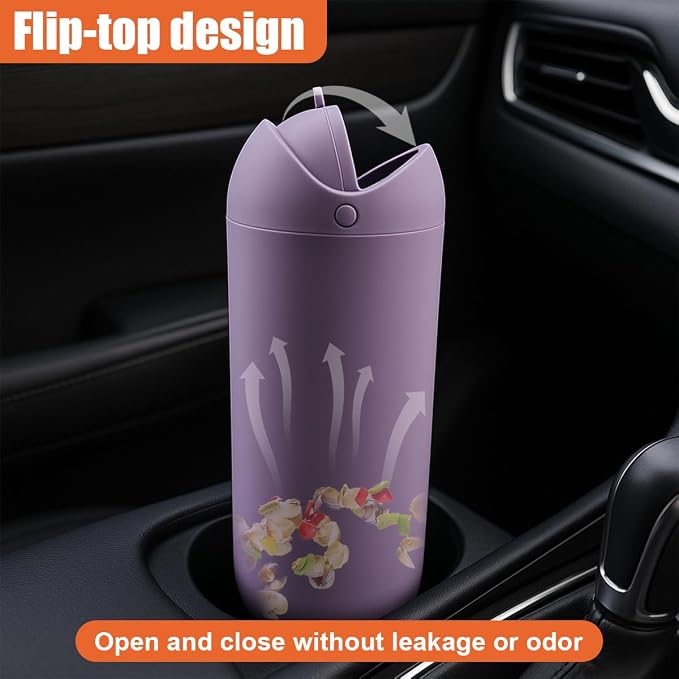 Car Trash Can with Flip Lid, Mini Portable Silicone Auto Cup Holder Garbage Bin, Leakproof Vehicle Trash Storage, Universal Car Accessories for SUV Truck Van Home Office(Purple)