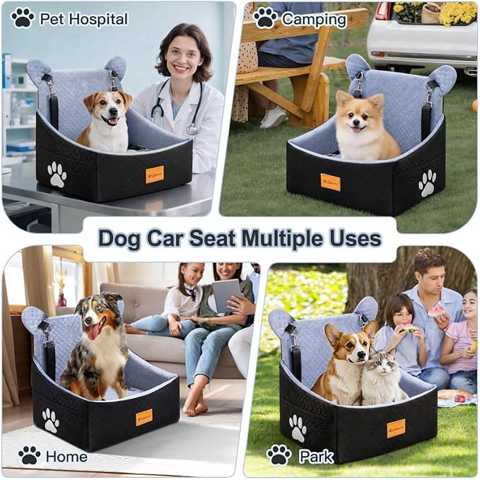 Dog car Seats for Small/Medium Dogs up to 33lbs- Washable, Waterproof, Dog Booster & car Seats with 2 Easy-Install Safety Belts, Non-Slip Base & Storage Pocket(Grey Black).