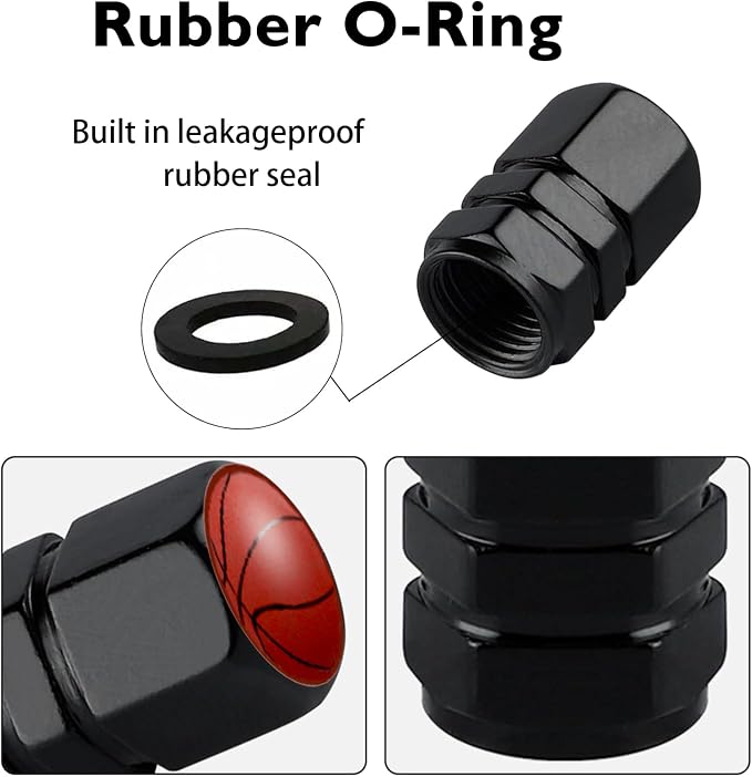 4Pack Basketball Tire Valve Caps Universal Tire Air Cap Valves Stem Covers | Aluminum Alloy Rust-Proof Valve Stem Caps, for Auto SUV Truck Motorcycle Bicycle, Basketball Gifts for Women Men Drivers