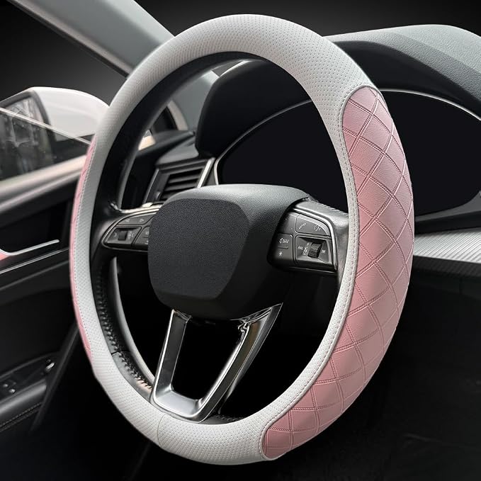 Nappa Leather Steering Wheel Cover,Elegant Diamond Checkered Design, Non-Slip wear-Resistant, Enhance Driving Comfort, Suitable for Steering Wheel Diameter 14 1/2‘-15’ Models.White and Pink