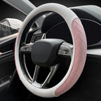 Nappa Leather Steering Wheel Cover,Elegant Diamond Checkered Design, Non-Slip wear-Resistant, Enhance Driving Comfort, Suitable for Steering Wheel Diameter 14 1/2‘-15’ Models.White and Pink