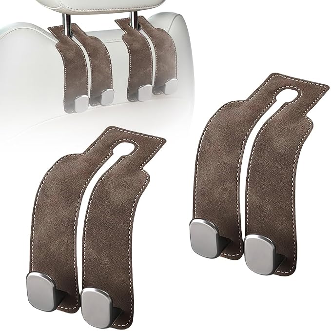 Headrest Hooks for Car, Twinhook Car Seat Hooks for Headrest, Leather Car Purse Holder Hooks for Purses and Bags, Universal Car Headrest Hangers Seat Back Organizer for Travel (Brown, 2Pcs)