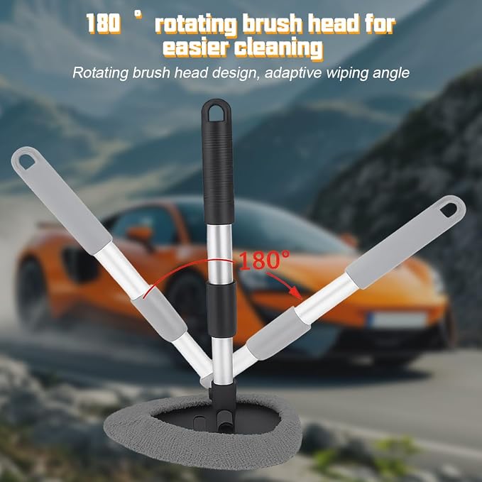 Car Windshield Cleaner Tool, Extendable Handle Rectangular Vehicle Window Cleaner with 3 Washable and Reusable Microfiber Pads, Auto Windscreen Cleaning Tool, Universal Fit