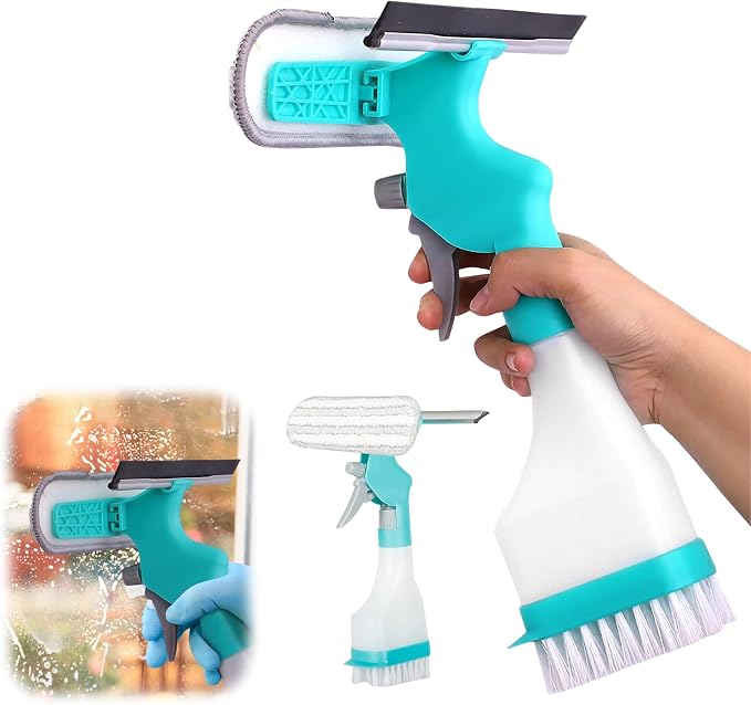 4 in 1 Window Cleaner Tool with Squeegee & Sprayer, 10" Streak-Free Scraper Kit with Microfiber Washer Head, Portable Multifunction Refillable Bottle for Glass/Shower/Car