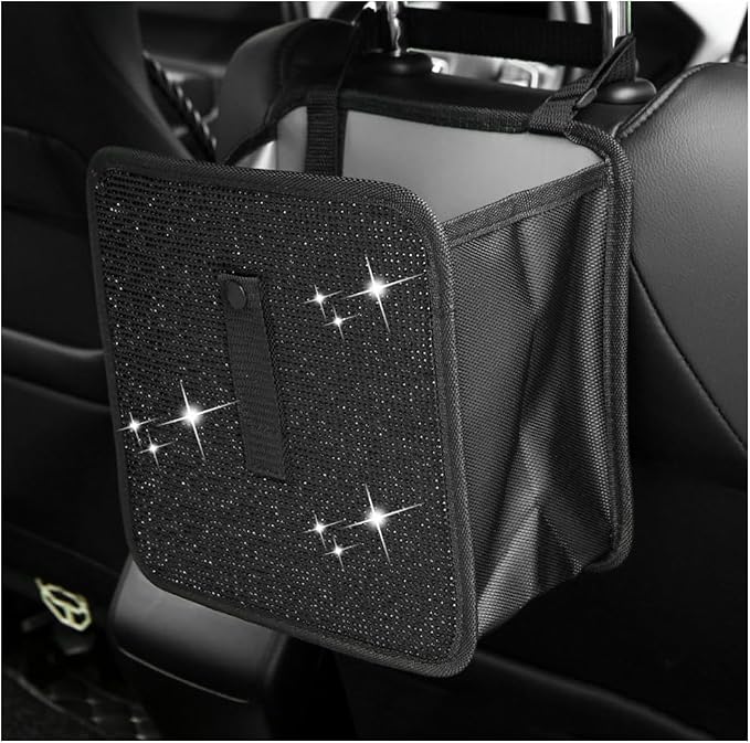 Car Trash Can, Bling Rhinestone Crystal Waterproof Hanging Garbage Bag for Car Interior, Oxford Leakproof Foldable Waste Organizer Trash Bin Universal for Most Vehicles (Black)