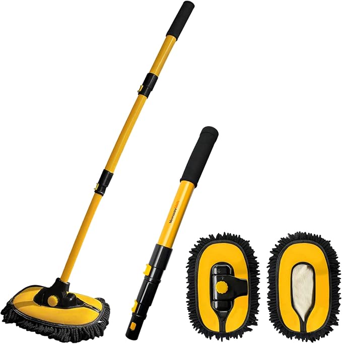 Car Wash Brush with Long Handle, Microfiber Car Wash Mop with Replaceable Chenille Brush Head, Soft Cleaning Brush with 15° Curved Extension Pole Car Wash Kit for RV Truck Camper, Yellow