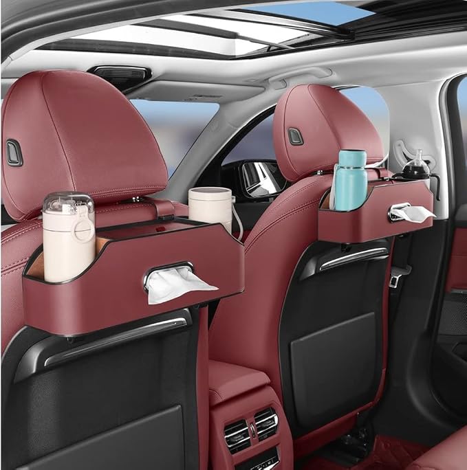New car headrest Rear seat Multifunctional Storage Box, partition Design, with Cup Holder, Tissue Box, headrest Hook, Suitable for Children and Adults, car Travel Accessories（Red）