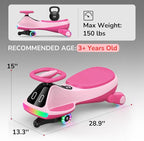 12V Electric Wiggle Car for Kids with Pedal, Display, Rechargeable Battery, LED Light, Bluetooth, Light-Up Wheels, Anti-Rollover, 2 Speeds, Ride on Toys, Birthday Gifts for Age 3+, 150Lbs